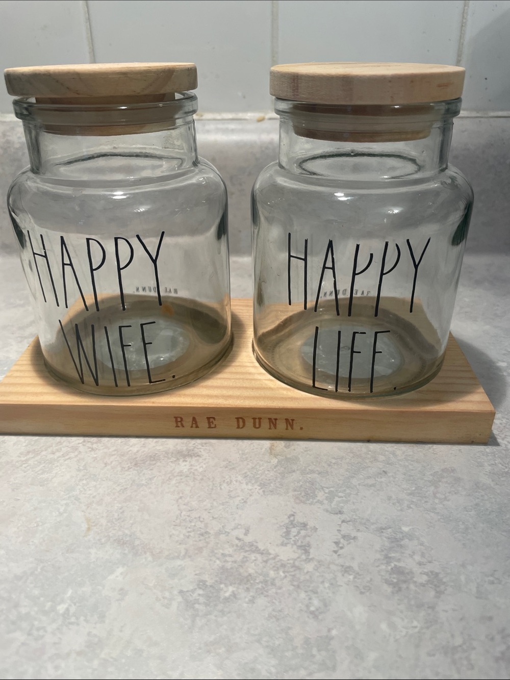 Rae Dunn Clear Glass Canister Pair with Natural Wood Lids
